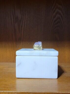 White Marble Trinket Box with Gold & Amethyst Crystal Accent